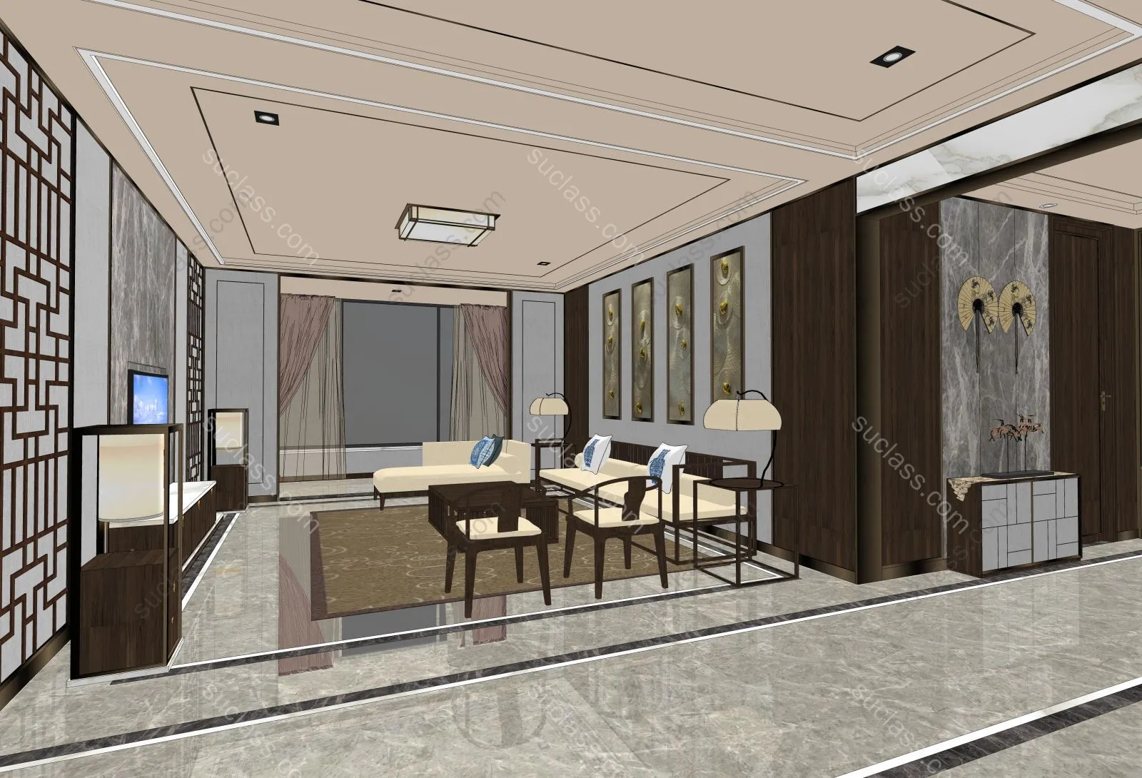 新中式风格双厅组合 ID:202430 八宝模型库 - PB3智能构件下载