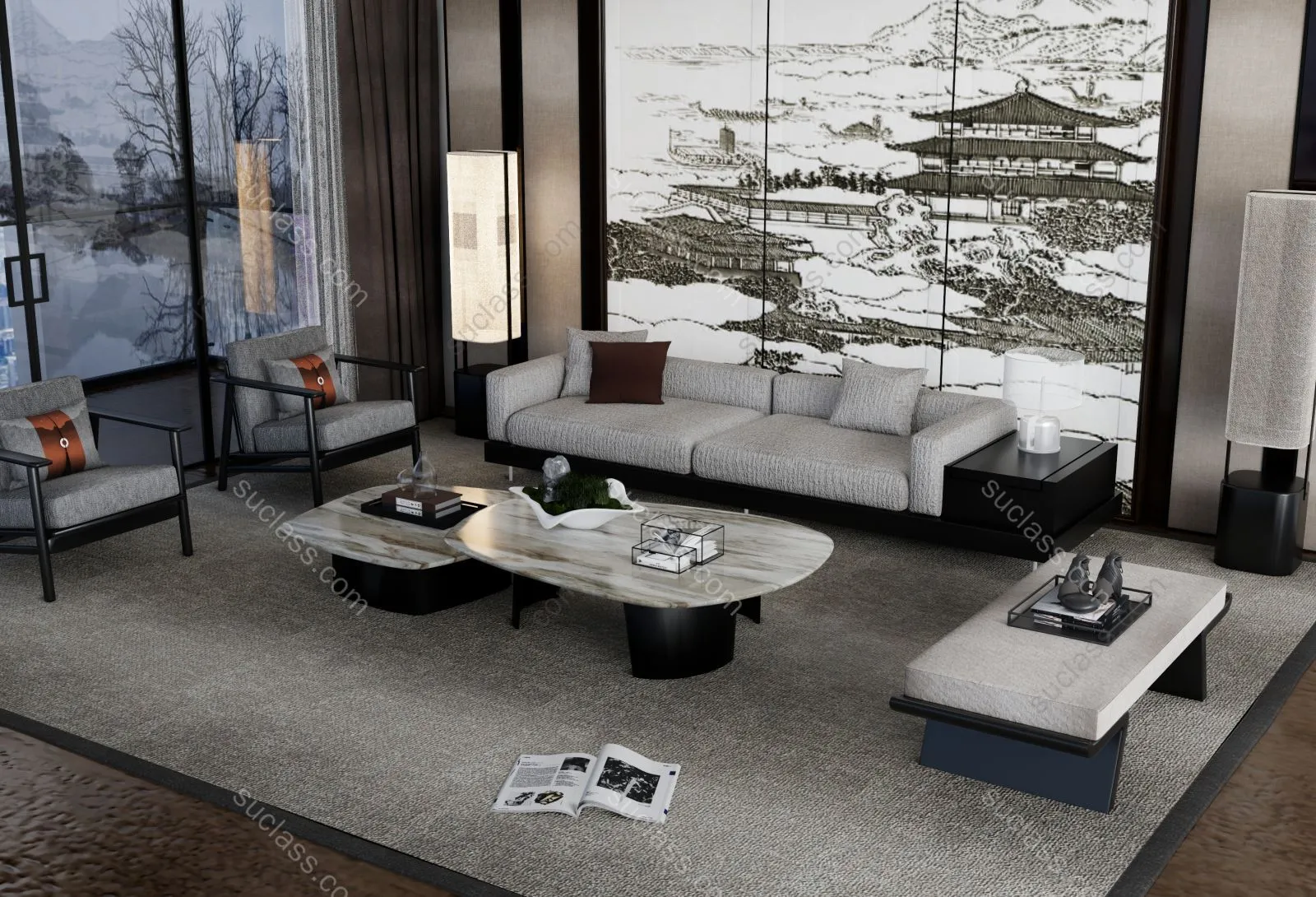 SD-新中式沙发茶几组合 ID:258434 八宝模型库 - PB3智能构件下载